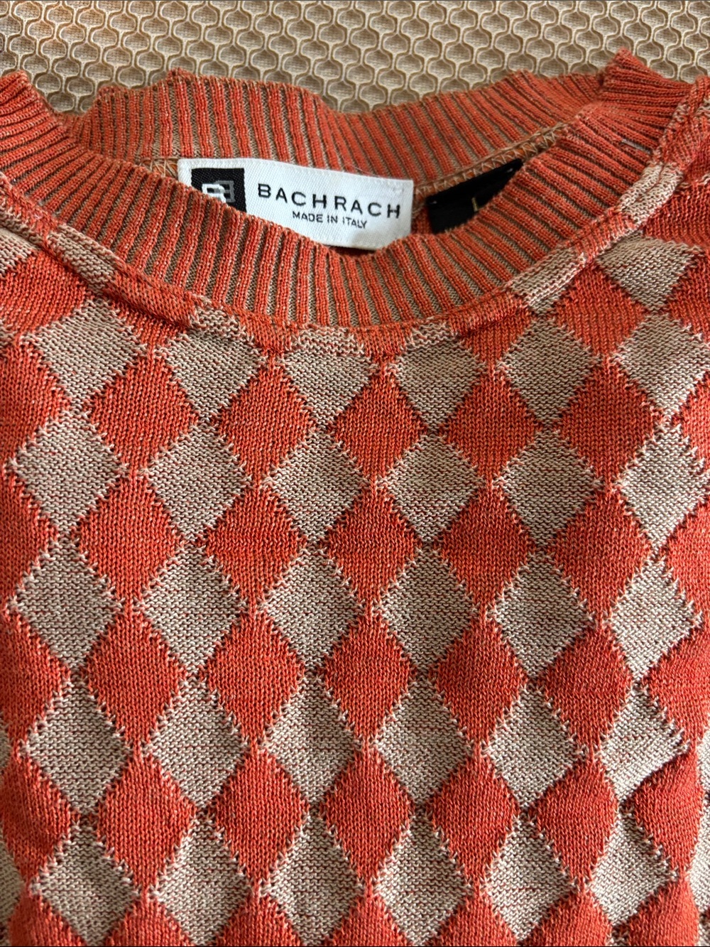 Bachrach Orange and Tan Argyle Crewneck Sweater Vintage Preppy